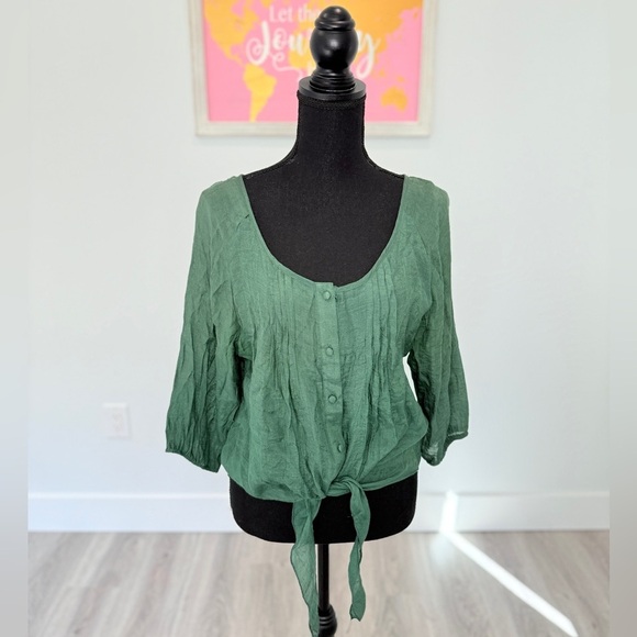 Mine Green Button Up Front Tie Blouse (L) - Picture 2 of 8